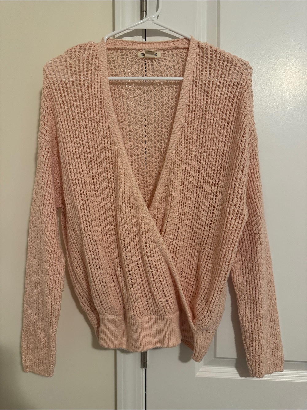 Billabong Open-Weave Light Pink Wrap Front Sweater